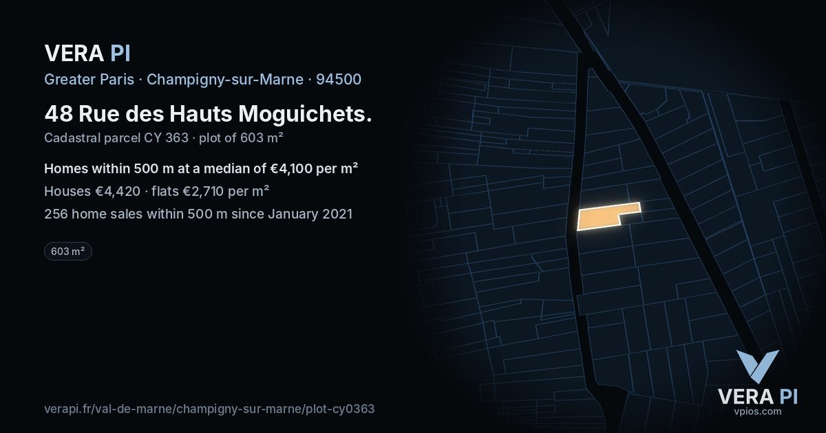 48 Rue des Hauts Moguichets, Champigny-sur-Marne at night – the plot lit, the parcels around coloured by the prices near them