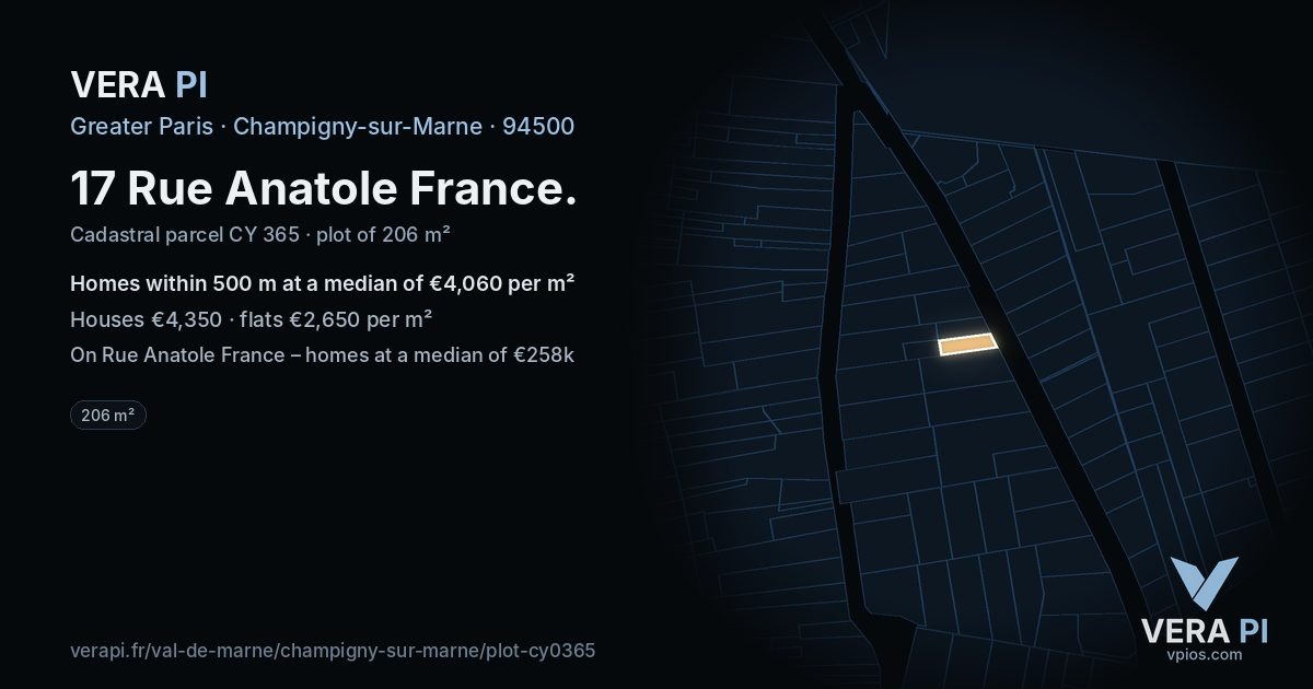 17 Rue Anatole France, Champigny-sur-Marne at night – the plot lit, the parcels around coloured by the prices near them