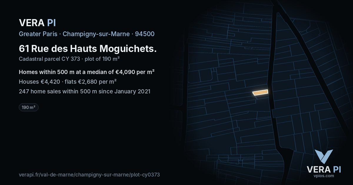 61 Rue des Hauts Moguichets, Champigny-sur-Marne at night – the plot lit, the parcels around coloured by the prices near them