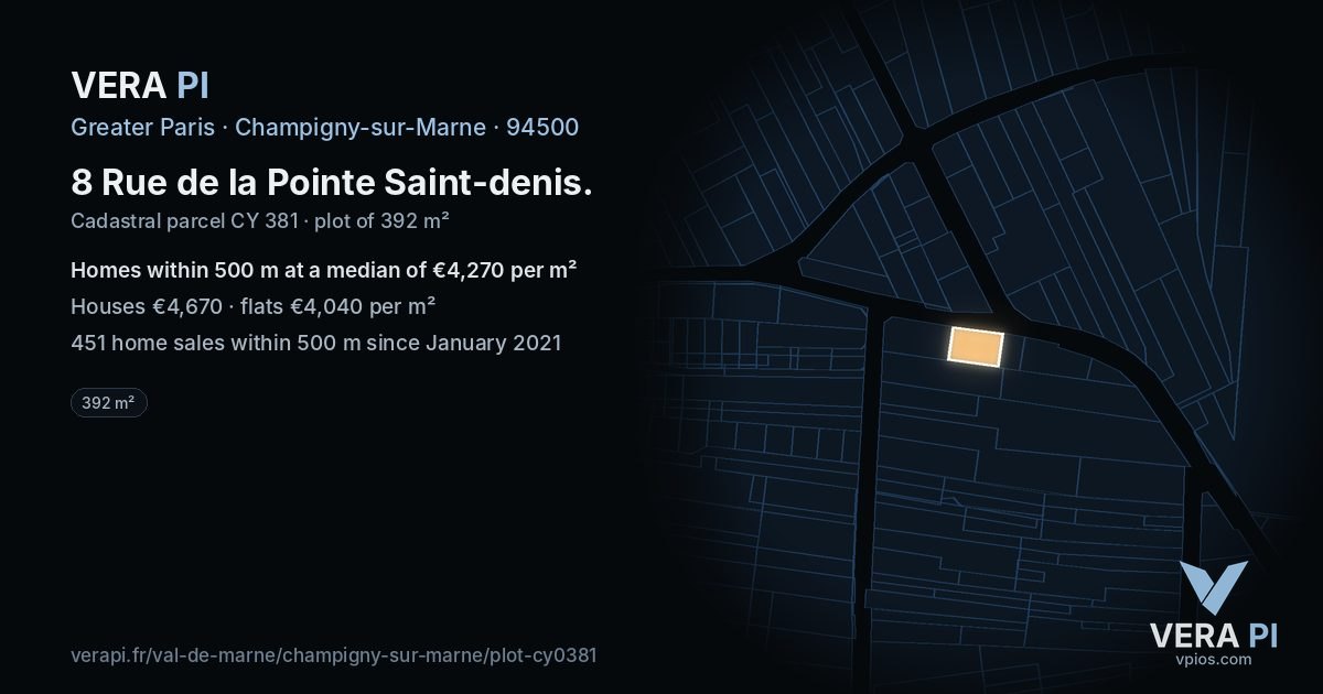 8 Rue de la Pointe Saint-denis, Champigny-sur-Marne at night – the plot lit, the parcels around coloured by the prices near them