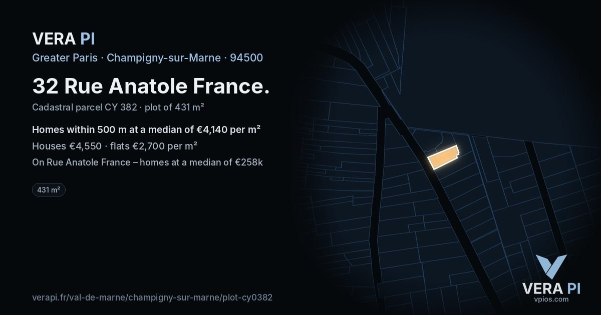 32 Rue Anatole France, Champigny-sur-Marne at night – the plot lit, the parcels around coloured by the prices near them