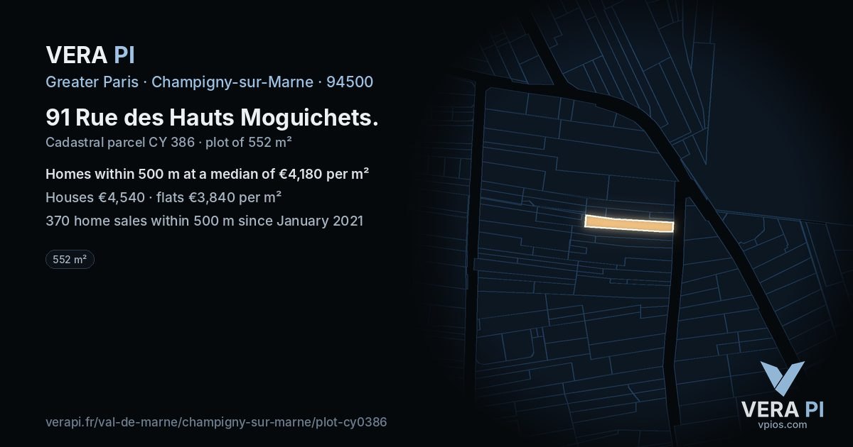 91 Rue des Hauts Moguichets, Champigny-sur-Marne at night – the plot lit, the parcels around coloured by the prices near them