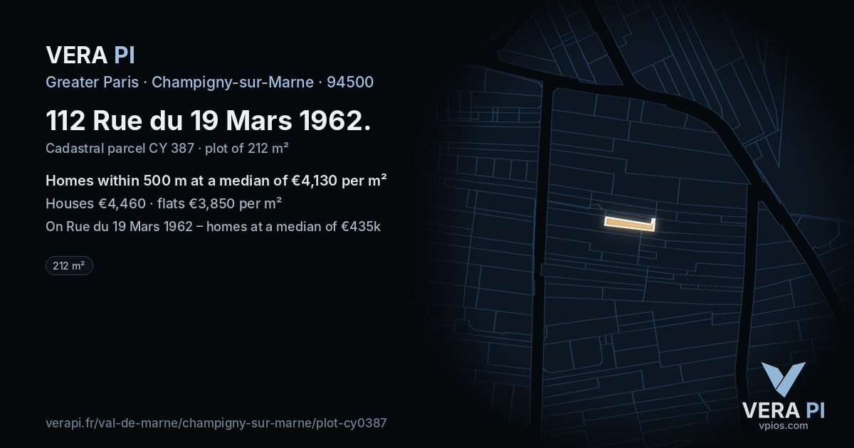 112 Rue du 19 Mars 1962, Champigny-sur-Marne at night – the plot lit, the parcels around coloured by the prices near them
