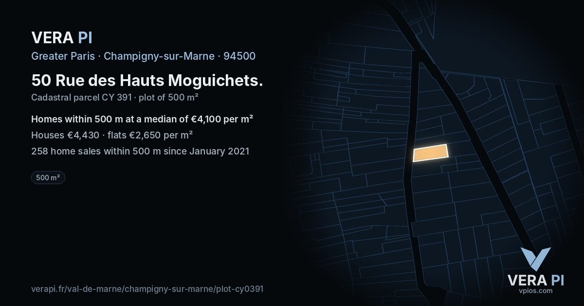 50 Rue des Hauts Moguichets, Champigny-sur-Marne at night – the plot lit, the parcels around coloured by the prices near them