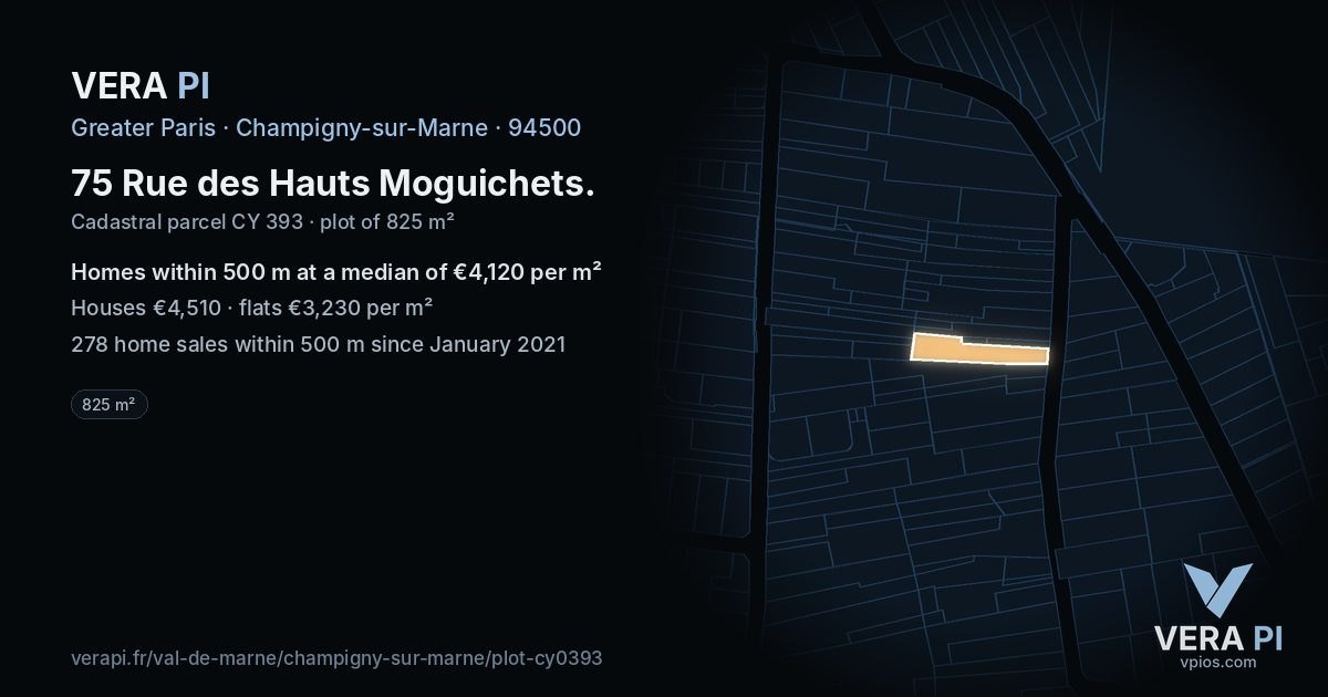 75 Rue des Hauts Moguichets, Champigny-sur-Marne at night – the plot lit, the parcels around coloured by the prices near them