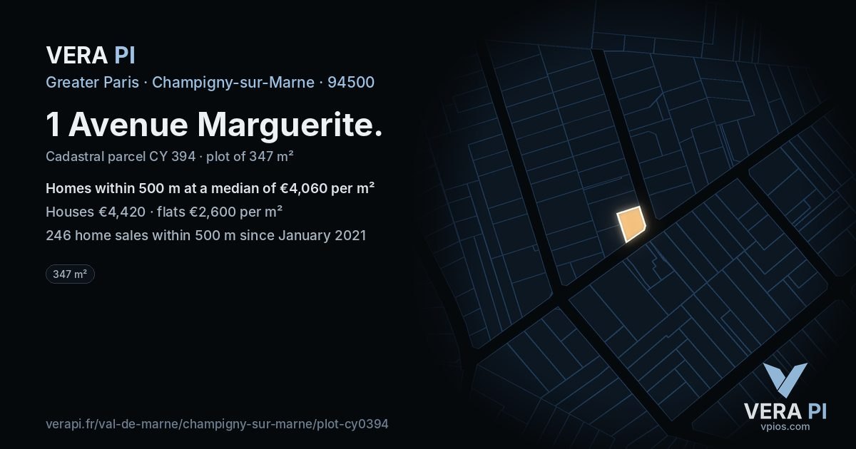 1 Avenue Marguerite, Champigny-sur-Marne at night – the plot lit, the parcels around coloured by the prices near them