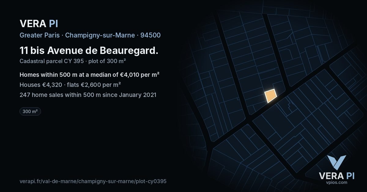 11 bis Avenue de Beauregard, Champigny-sur-Marne at night – the plot lit, the parcels around coloured by the prices near them