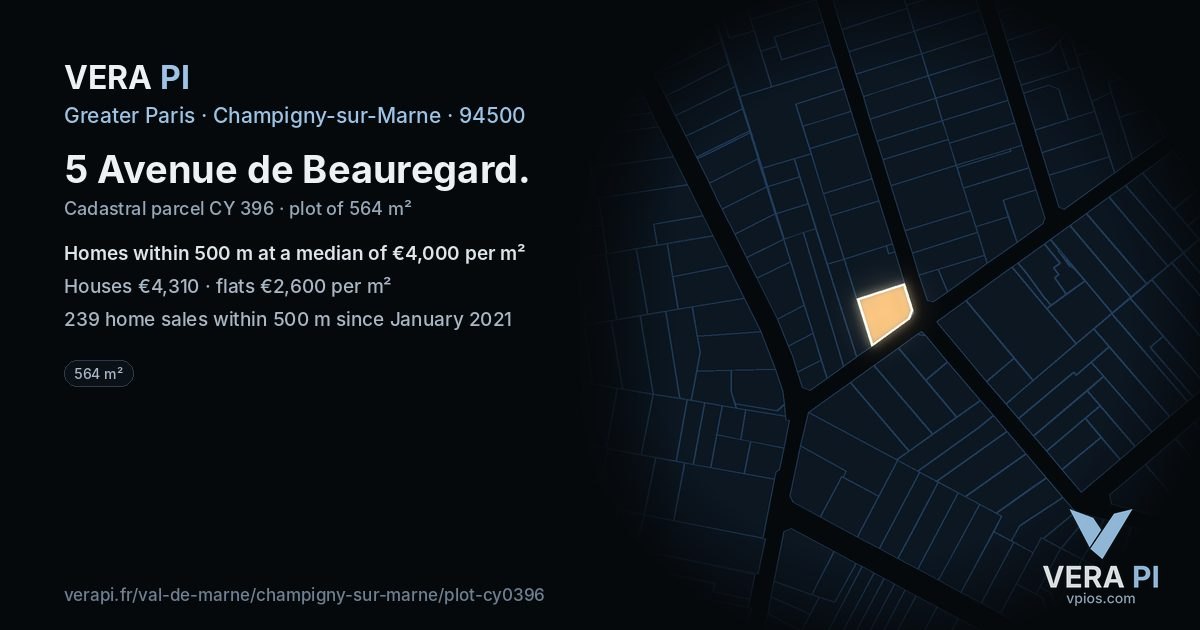 5 Avenue de Beauregard, Champigny-sur-Marne at night – the plot lit, the parcels around coloured by the prices near them