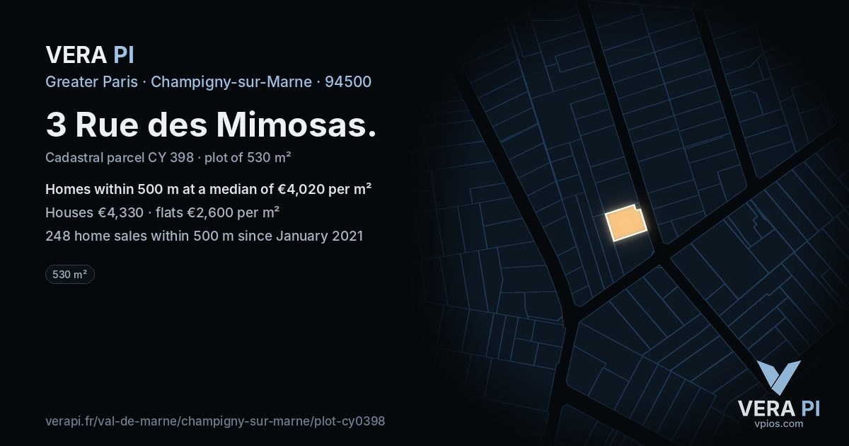3 Rue des Mimosas, Champigny-sur-Marne at night – the plot lit, the parcels around coloured by the prices near them