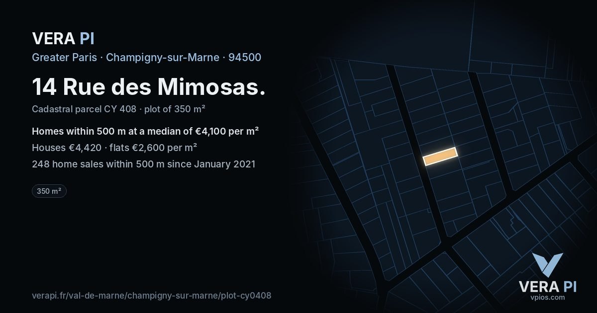 14 Rue des Mimosas, Champigny-sur-Marne at night – the plot lit, the parcels around coloured by the prices near them