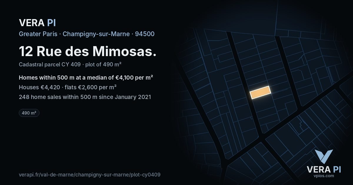 12 Rue des Mimosas, Champigny-sur-Marne at night – the plot lit, the parcels around coloured by the prices near them