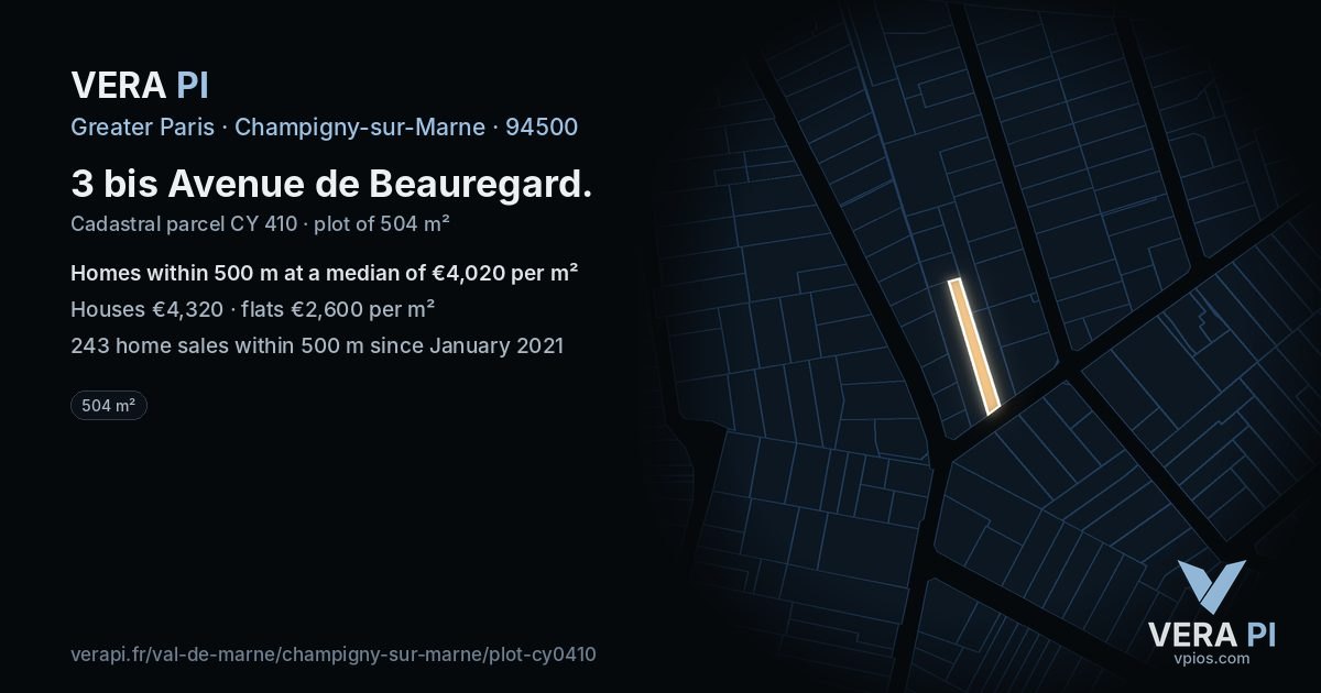 3 bis Avenue de Beauregard, Champigny-sur-Marne at night – the plot lit, the parcels around coloured by the prices near them