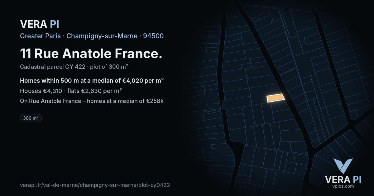 11 Rue Anatole France, Champigny-sur-Marne at night – the plot lit, the parcels around coloured by the prices near them