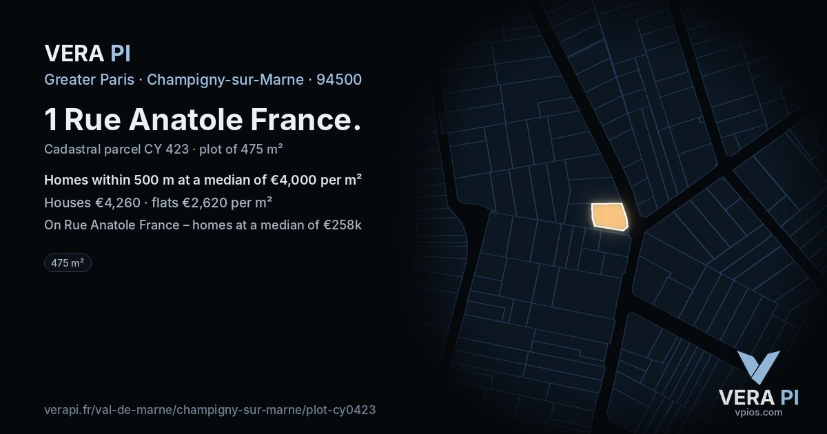 1 Rue Anatole France, Champigny-sur-Marne at night – the plot lit, the parcels around coloured by the prices near them