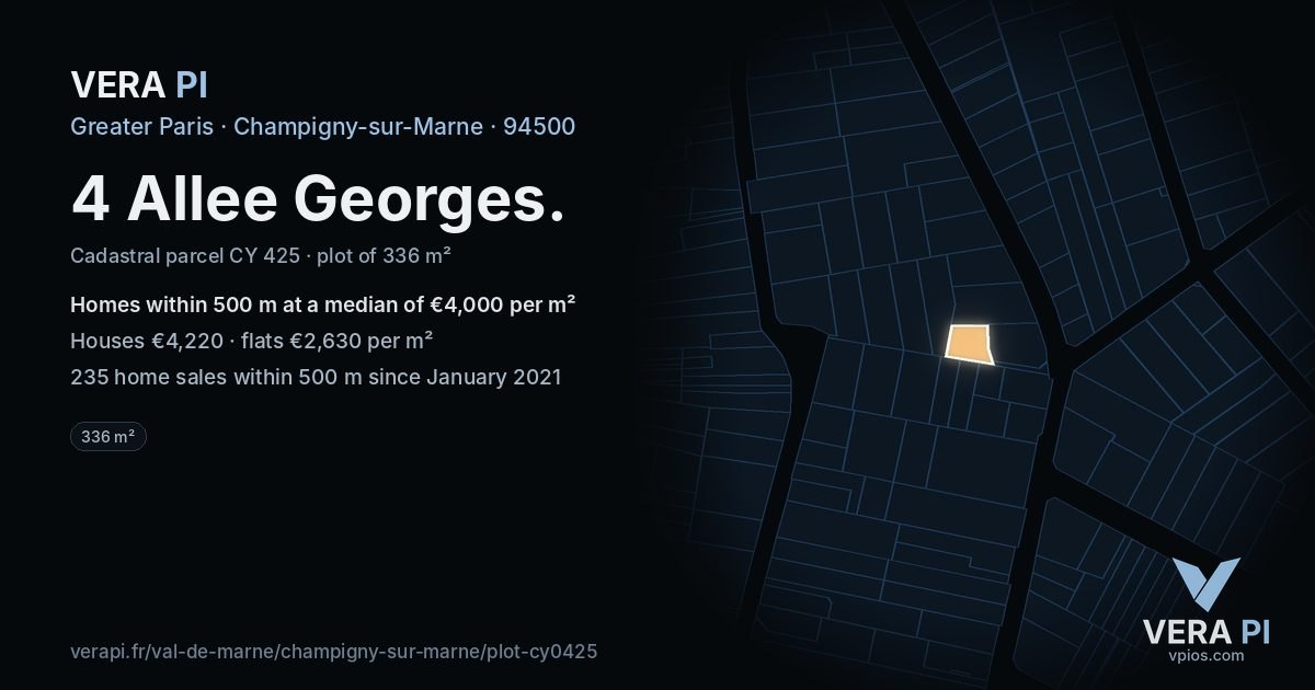 4 Allee Georges, Champigny-sur-Marne at night – the plot lit, the parcels around coloured by the prices near them