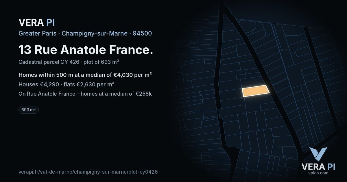 13 Rue Anatole France, Champigny-sur-Marne at night – the plot lit, the parcels around coloured by the prices near them