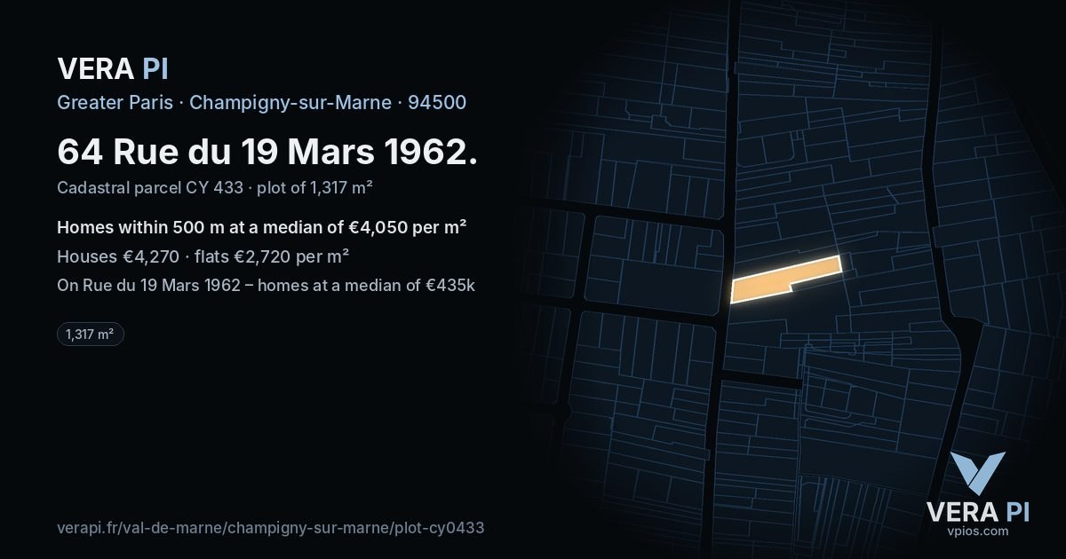 64 Rue du 19 Mars 1962, Champigny-sur-Marne at night – the plot lit, the parcels around coloured by the prices near them