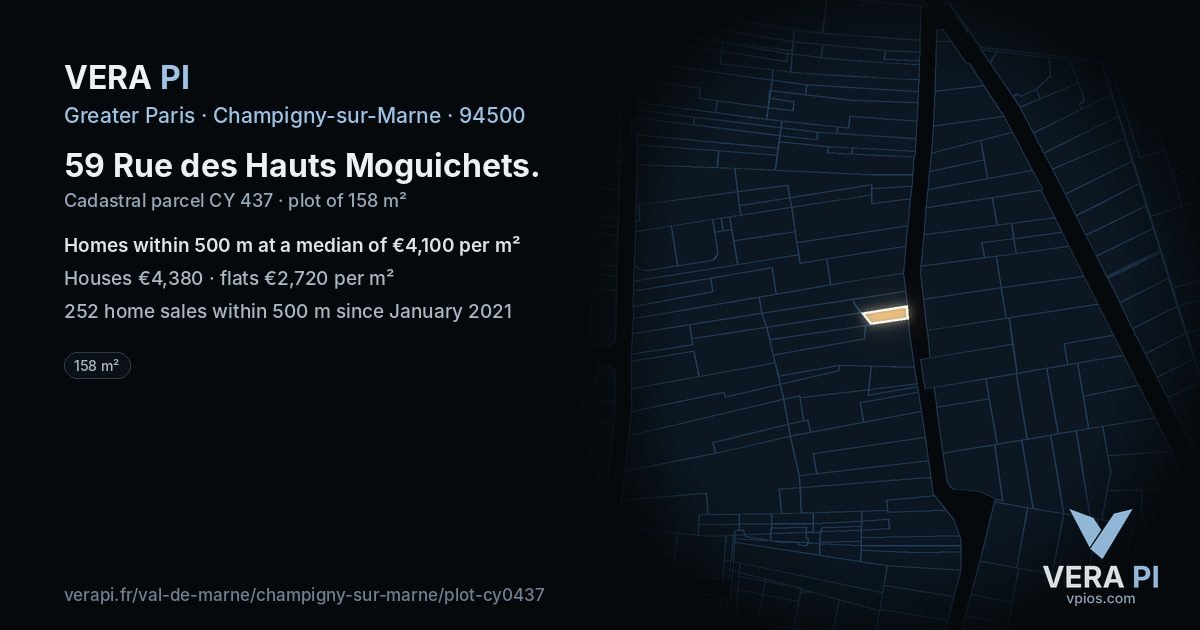 59 Rue des Hauts Moguichets, Champigny-sur-Marne at night – the plot lit, the parcels around coloured by the prices near them
