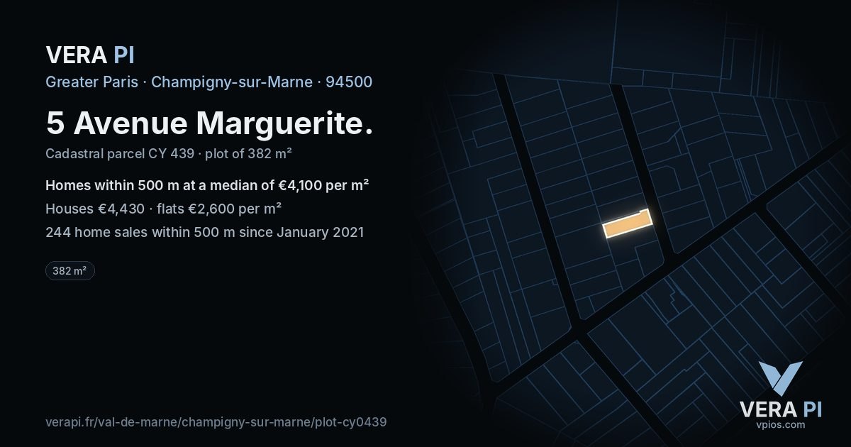 5 Avenue Marguerite, Champigny-sur-Marne at night – the plot lit, the parcels around coloured by the prices near them