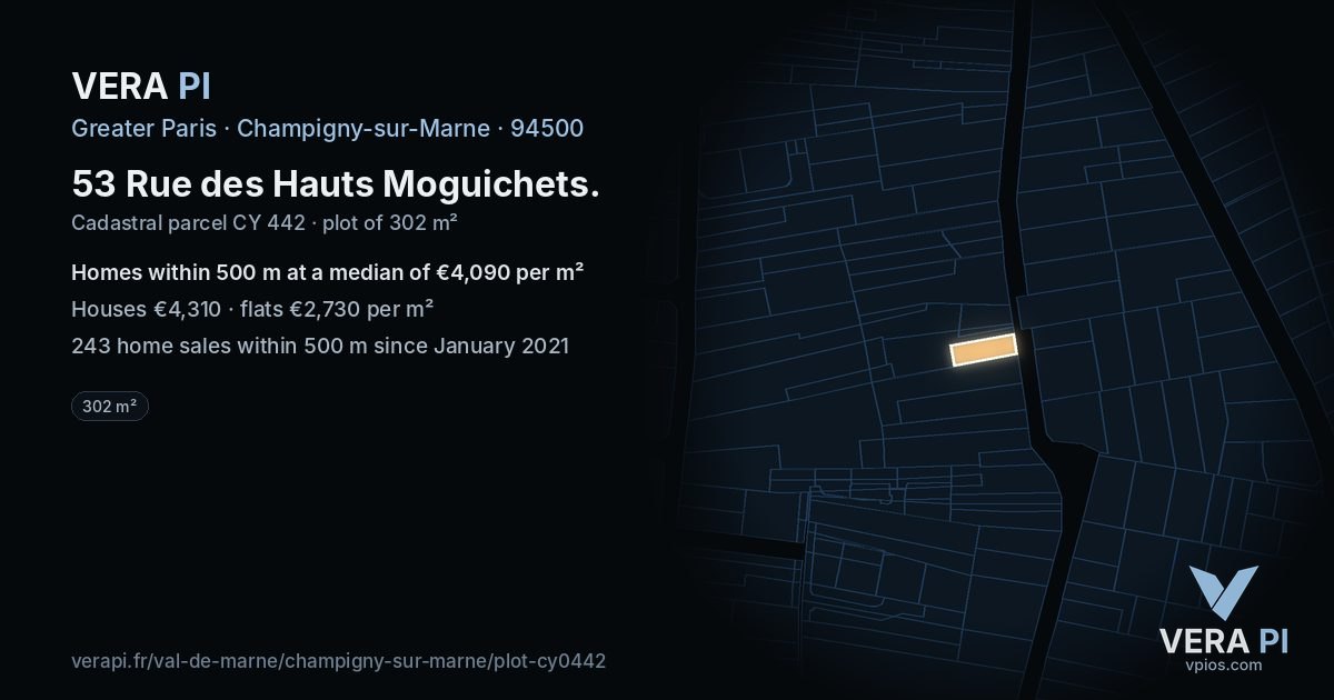 53 Rue des Hauts Moguichets, Champigny-sur-Marne at night – the plot lit, the parcels around coloured by the prices near them