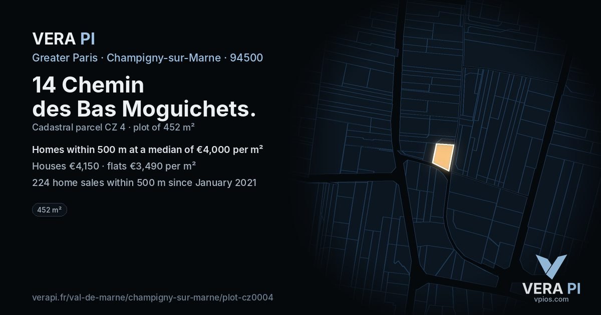 14 Chemin des Bas Moguichets, Champigny-sur-Marne at night – the plot lit, the parcels around coloured by the prices near them