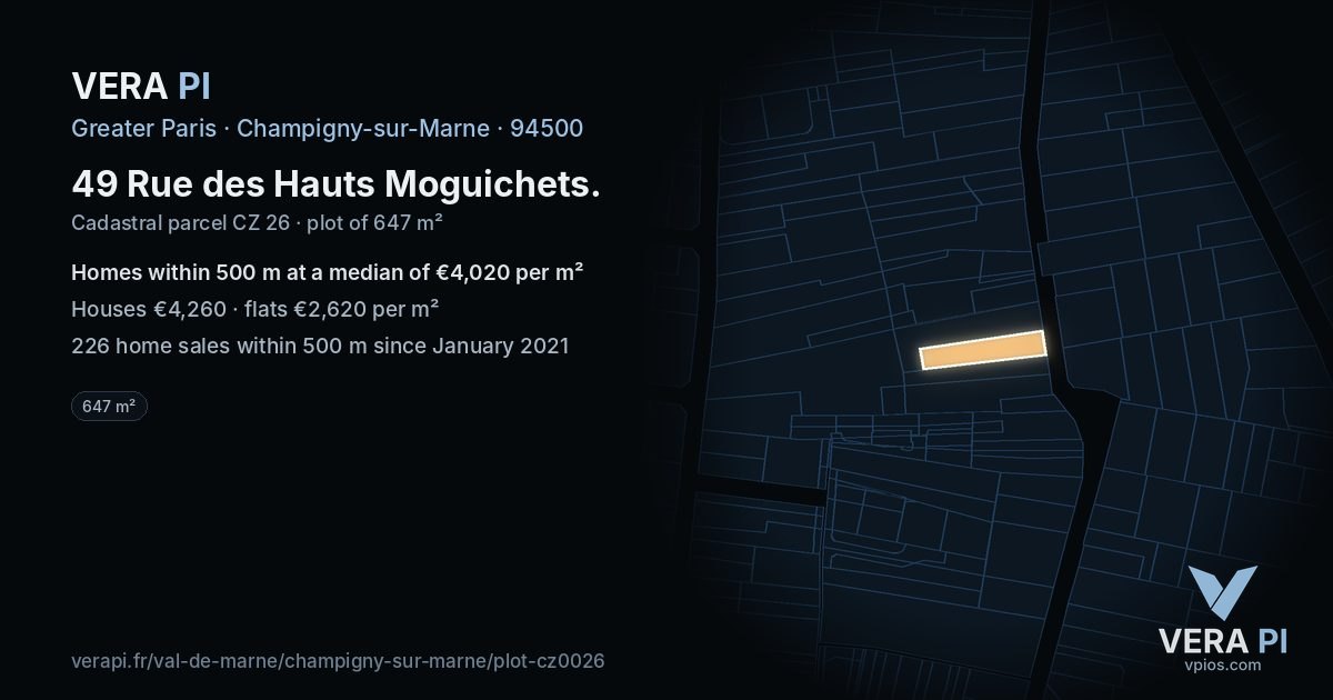 49 Rue des Hauts Moguichets, Champigny-sur-Marne at night – the plot lit, the parcels around coloured by the prices near them