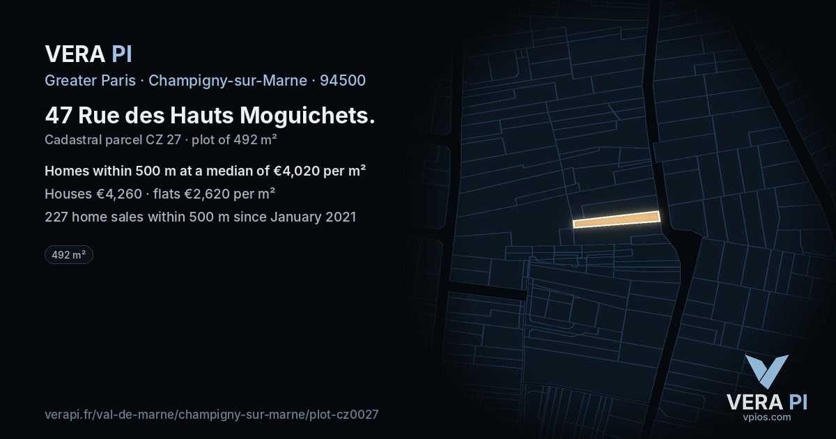 47 Rue des Hauts Moguichets, Champigny-sur-Marne at night – the plot lit, the parcels around coloured by the prices near them