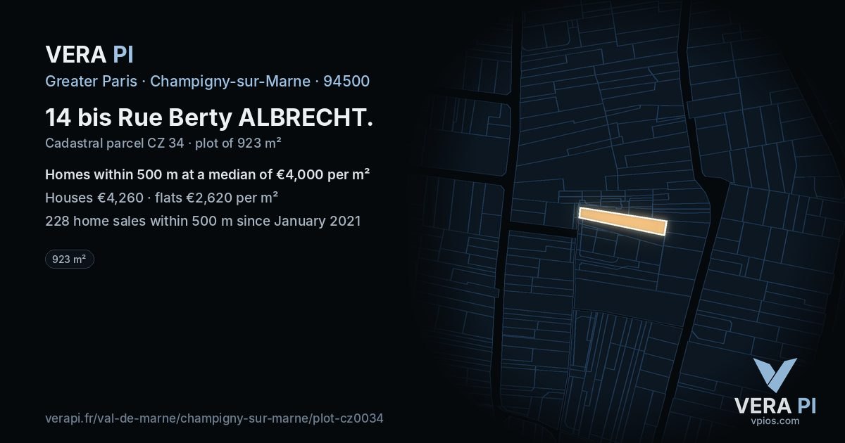 14 bis Rue Berty ALBRECHT, Champigny-sur-Marne at night – the plot lit, the parcels around coloured by the prices near them