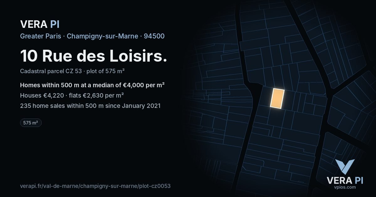 10 Rue des Loisirs, Champigny-sur-Marne at night – the plot lit, the parcels around coloured by the prices near them