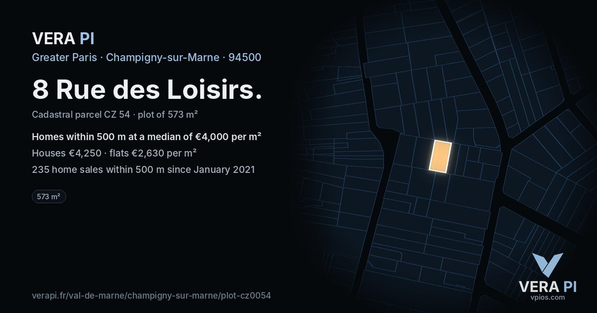 8 Rue des Loisirs, Champigny-sur-Marne at night – the plot lit, the parcels around coloured by the prices near them