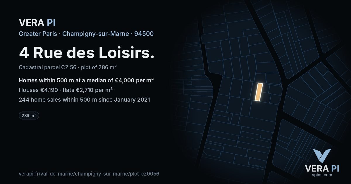 4 Rue des Loisirs, Champigny-sur-Marne at night – the plot lit, the parcels around coloured by the prices near them