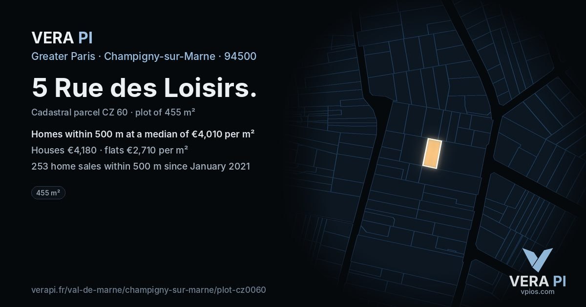 5 Rue des Loisirs, Champigny-sur-Marne at night – the plot lit, the parcels around coloured by the prices near them