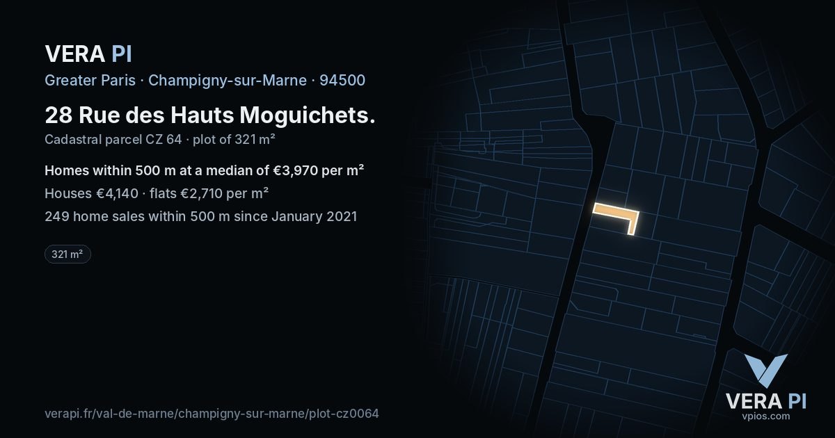 28 Rue des Hauts Moguichets, Champigny-sur-Marne at night – the plot lit, the parcels around coloured by the prices near them