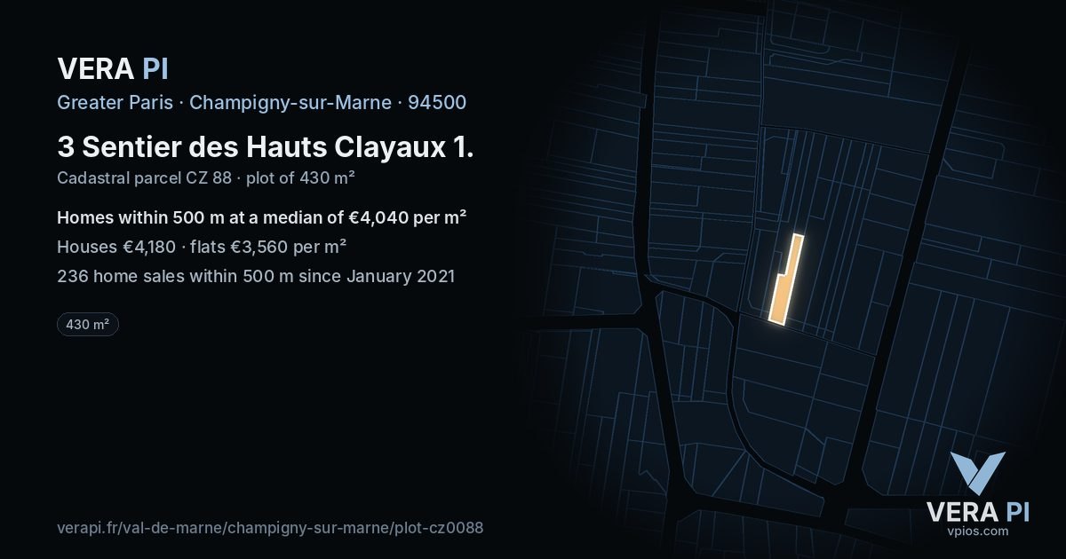 3 Sentier des Hauts Clayaux 1, Champigny-sur-Marne at night – the plot lit, the parcels around coloured by the prices near them
