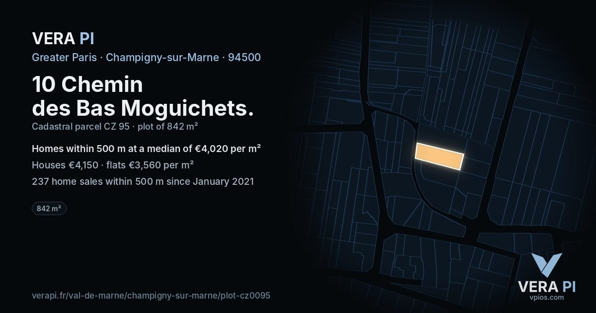 10 Chemin des Bas Moguichets, Champigny-sur-Marne at night – the plot lit, the parcels around coloured by the prices near them