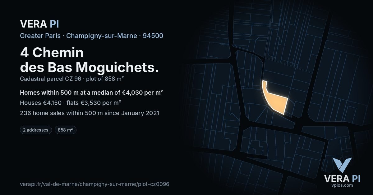 4 Chemin des Bas Moguichets, Champigny-sur-Marne at night – the plot lit, the parcels around coloured by the prices near them