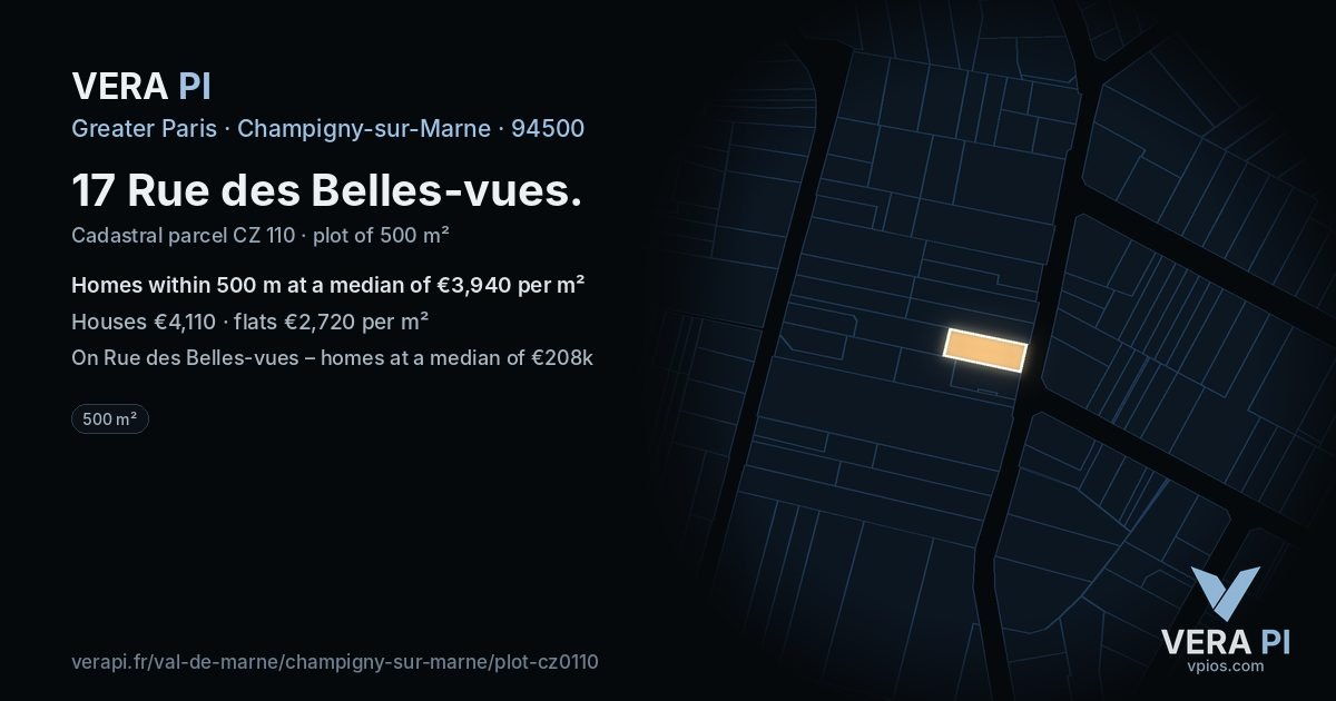 17 Rue des Belles-vues, Champigny-sur-Marne at night – the plot lit, the parcels around coloured by the prices near them
