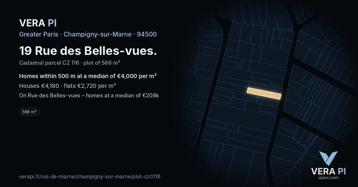 19 Rue des Belles-vues, Champigny-sur-Marne at night – the plot lit, the parcels around coloured by the prices near them