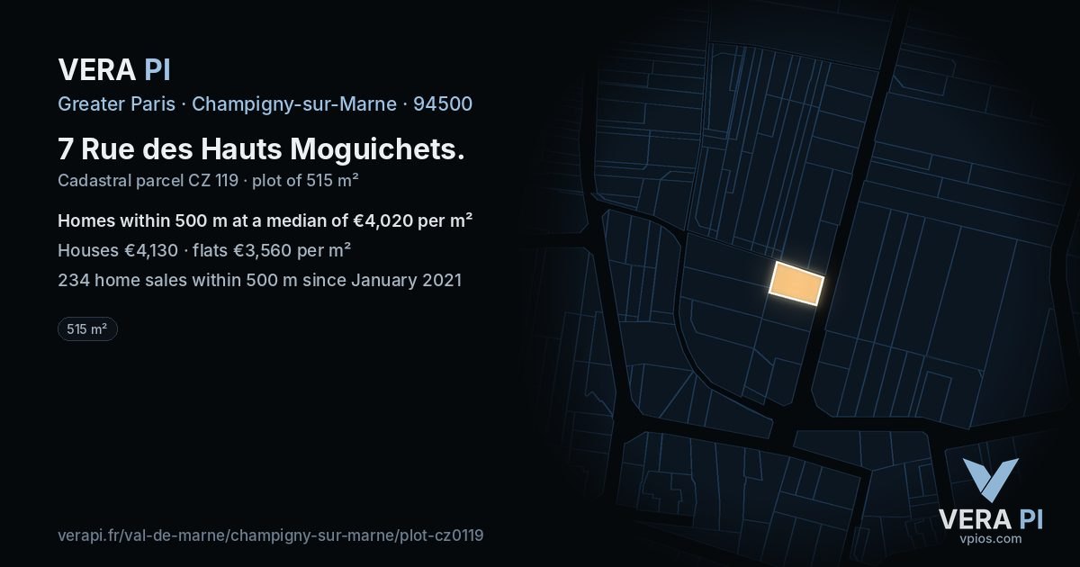 7 Rue des Hauts Moguichets, Champigny-sur-Marne at night – the plot lit, the parcels around coloured by the prices near them