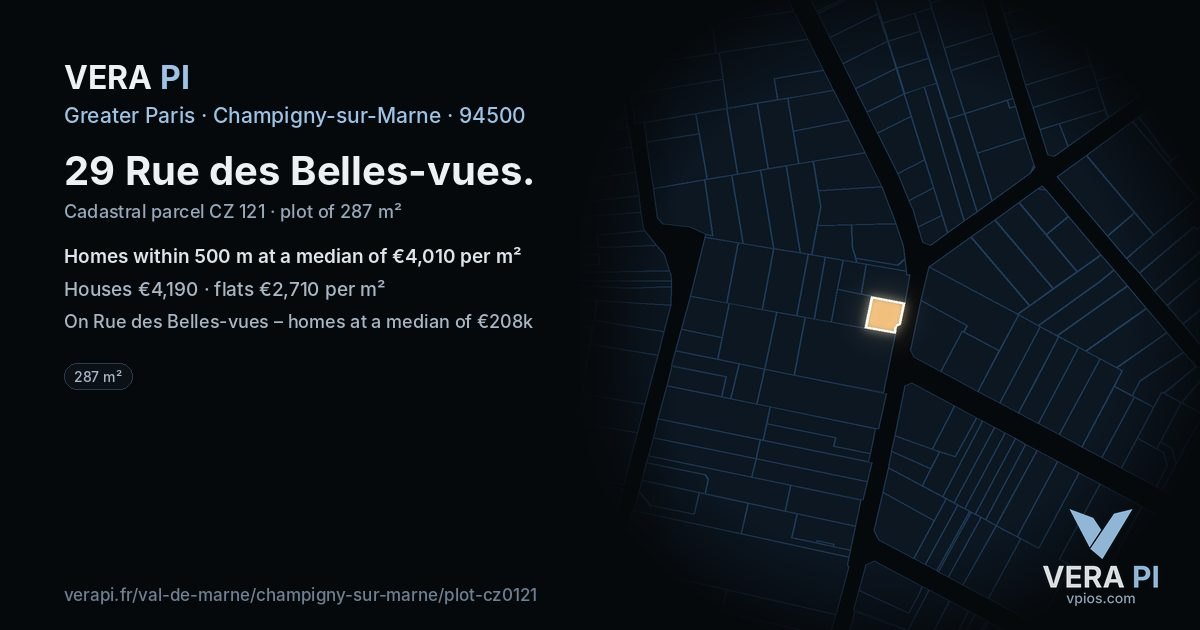 29 Rue des Belles-vues, Champigny-sur-Marne at night – the plot lit, the parcels around coloured by the prices near them