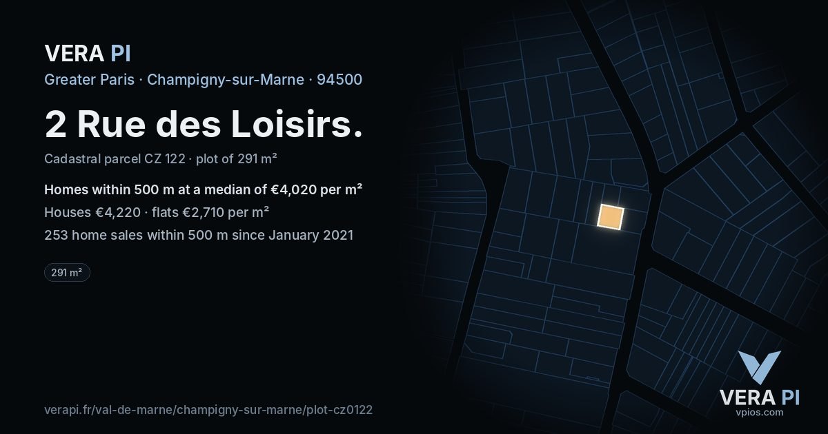 2 Rue des Loisirs, Champigny-sur-Marne at night – the plot lit, the parcels around coloured by the prices near them