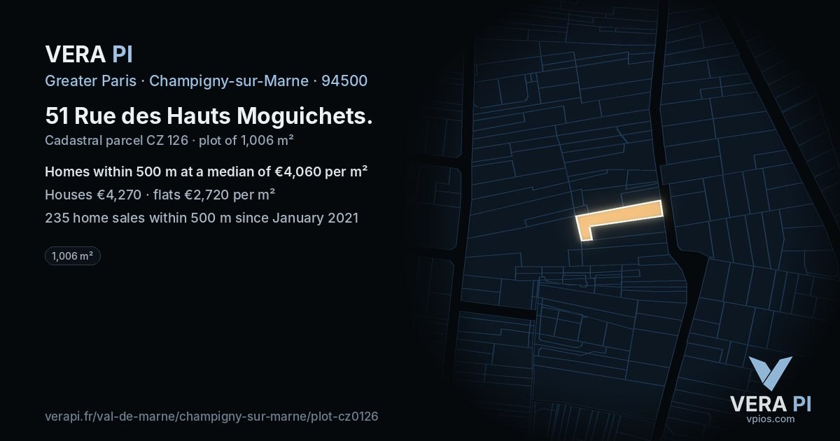 51 Rue des Hauts Moguichets, Champigny-sur-Marne at night – the plot lit, the parcels around coloured by the prices near them