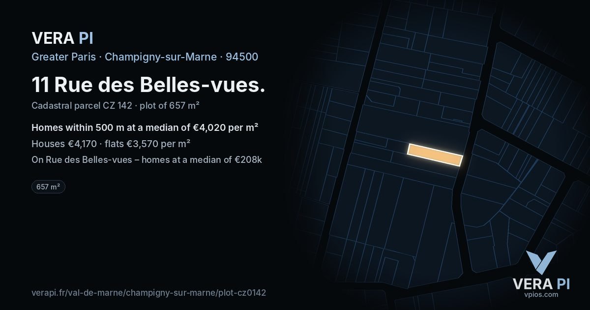 11 Rue des Belles-vues, Champigny-sur-Marne at night – the plot lit, the parcels around coloured by the prices near them