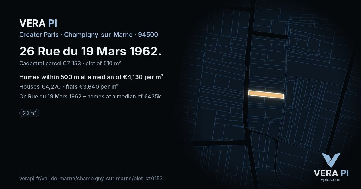 26 Rue du 19 Mars 1962, Champigny-sur-Marne at night – the plot lit, the parcels around coloured by the prices near them