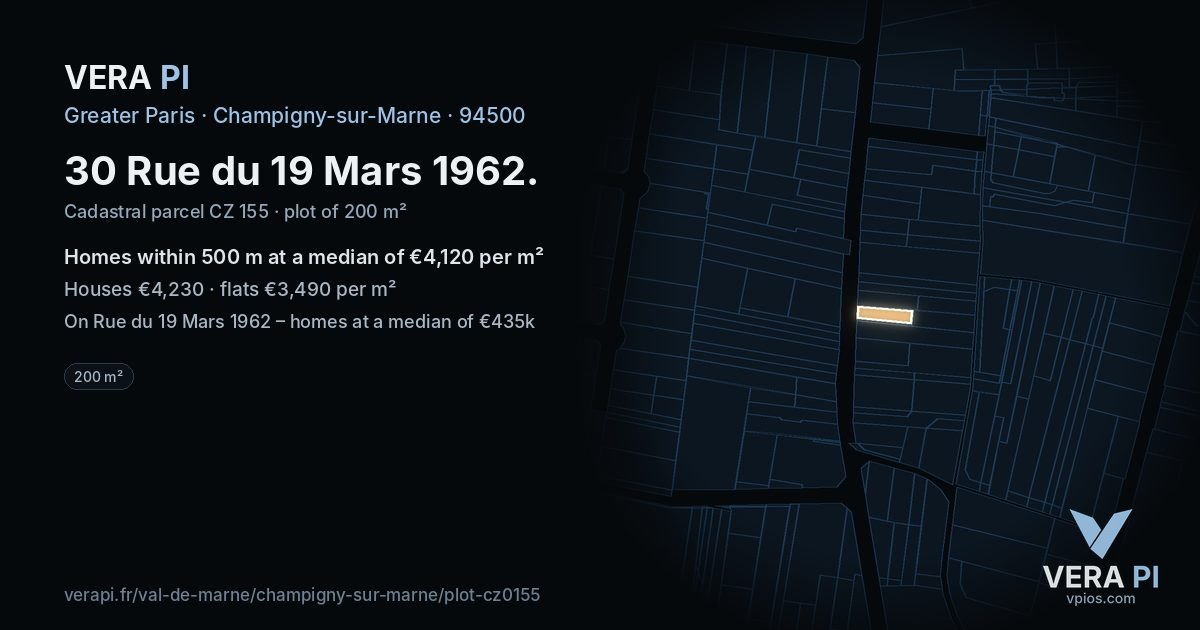 30 Rue du 19 Mars 1962, Champigny-sur-Marne at night – the plot lit, the parcels around coloured by the prices near them