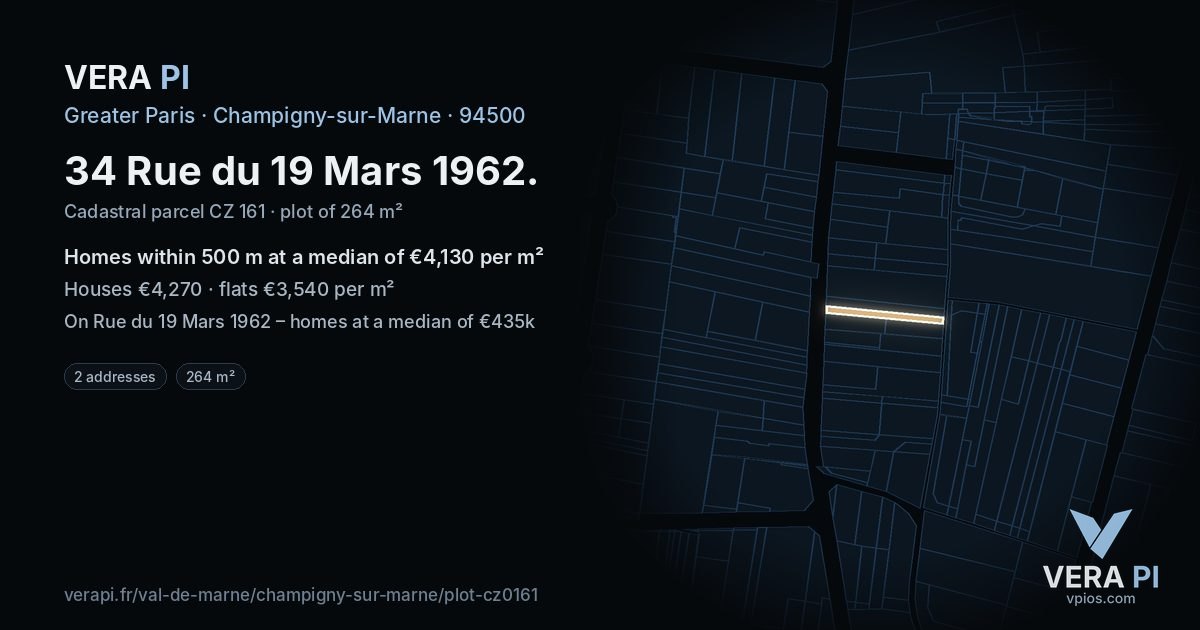 34 Rue du 19 Mars 1962, Champigny-sur-Marne at night – the plot lit, the parcels around coloured by the prices near them