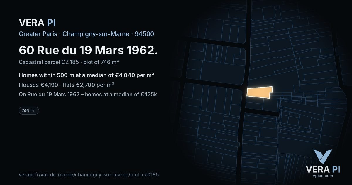 60 Rue du 19 Mars 1962, Champigny-sur-Marne at night – the plot lit, the parcels around coloured by the prices near them