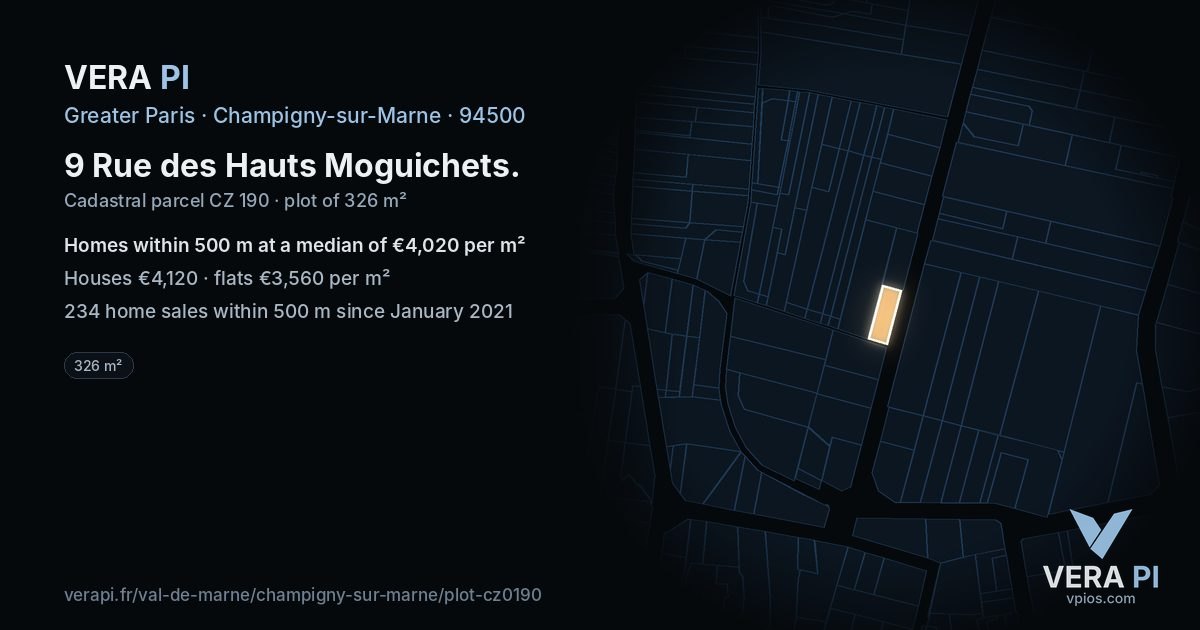 9 Rue des Hauts Moguichets, Champigny-sur-Marne at night – the plot lit, the parcels around coloured by the prices near them