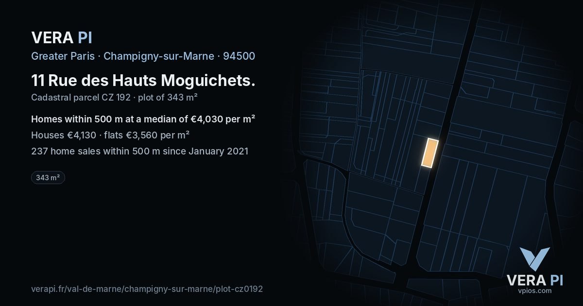 11 Rue des Hauts Moguichets, Champigny-sur-Marne at night – the plot lit, the parcels around coloured by the prices near them