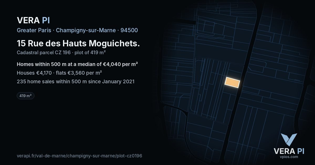 15 Rue des Hauts Moguichets, Champigny-sur-Marne at night – the plot lit, the parcels around coloured by the prices near them